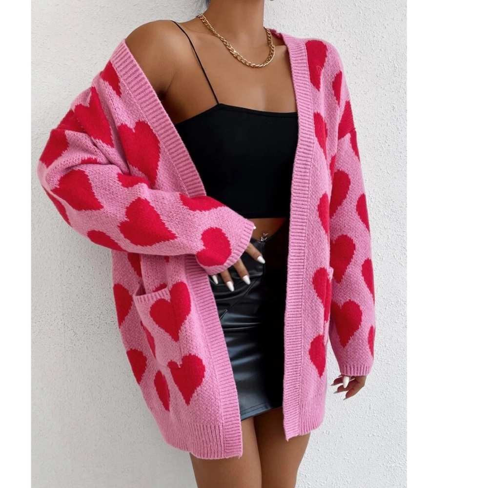 Allover Heart Pattern Knit Cardigan ๐ - Picture 1 of 5